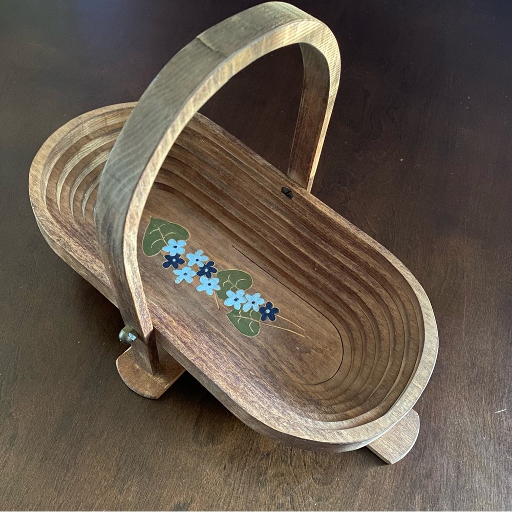 Vintage 1970s Wooden Collapsible Handle Basket with Hand Painted Flowers
